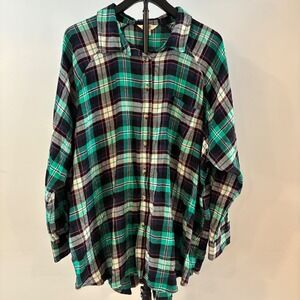 Terra & Sky Womens 2X Green Plaid Button Down Flannel Shirt Long Sleeve Viscose